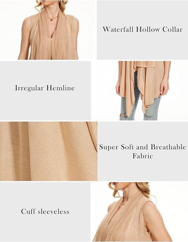 سترة صوفية نسائية بدون أكمام من Moss Rose سترة كارديجان سادة مفتوحة من الأمام مع حاشية غير متماثلة in Kuwait