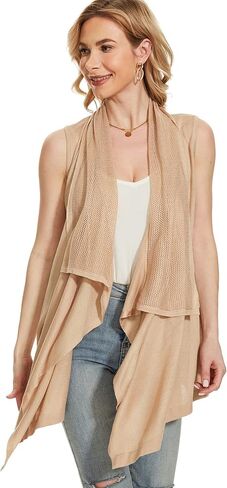 سترة صوفية نسائية بدون أكمام من Moss Rose سترة كارديجان سادة مفتوحة من الأمام مع حاشية غير متماثلة in Kuwait