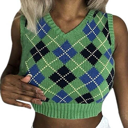 TSSOE Women's Y2K Argyle Plaid Knitted Sweater Vest V Neck 90s E-Girls Preppy England Style Knitwear Tank Tops in Saudi Arabia