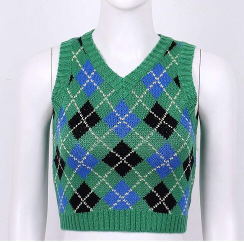 TSSOE Women's Y2K Argyle Plaid Knitted Sweater Vest V Neck 90s E-Girls Preppy England Style Knitwear Tank Tops in Saudi Arabia
