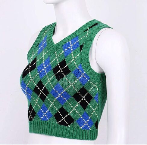TSSOE Women's Y2K Argyle Plaid Knitted Sweater Vest V Neck 90s E-Girls Preppy England Style Knitwear Tank Tops in Saudi Arabia