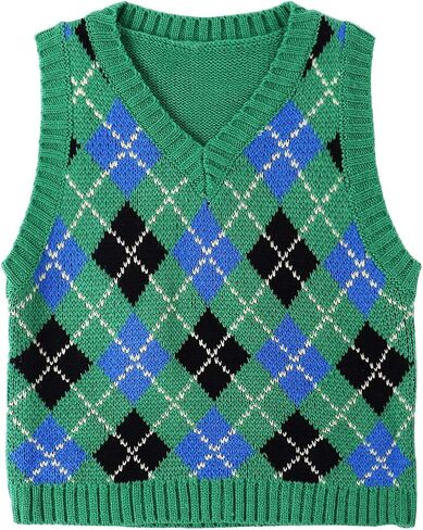 TSSOE Women's Y2K Argyle Plaid Knitted Sweater Vest V Neck 90s E-Girls Preppy England Style Knitwear Tank Tops in Saudi Arabia