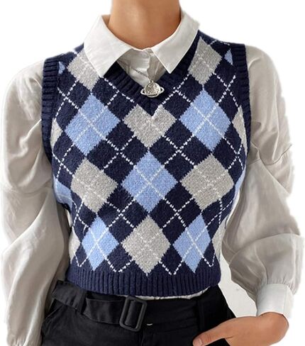 TSSOE Women's Y2K Argyle Plaid Knitted Sweater Vest V Neck 90s E-Girls Preppy England Style Knitwear Tank Tops in Saudi Arabia
