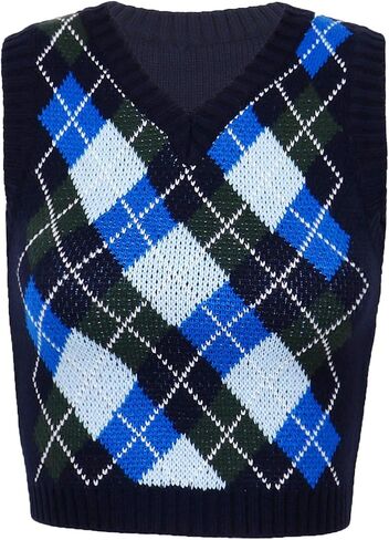 سترة نسائية من TSSOE Y2K Argyle منقوشة محبوكة برقبة على شكل V 90s E-Girls Preppy نمط إنجلترا تريكو تانك القمم in Kuwait