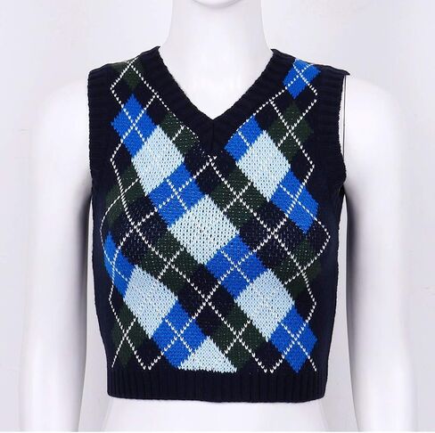 سترة نسائية من TSSOE Y2K Argyle منقوشة محبوكة برقبة على شكل V 90s E-Girls Preppy نمط إنجلترا تريكو تانك القمم in Kuwait