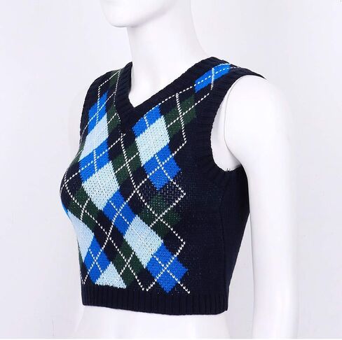 سترة نسائية من TSSOE Y2K Argyle منقوشة محبوكة برقبة على شكل V 90s E-Girls Preppy نمط إنجلترا تريكو تانك القمم in Kuwait