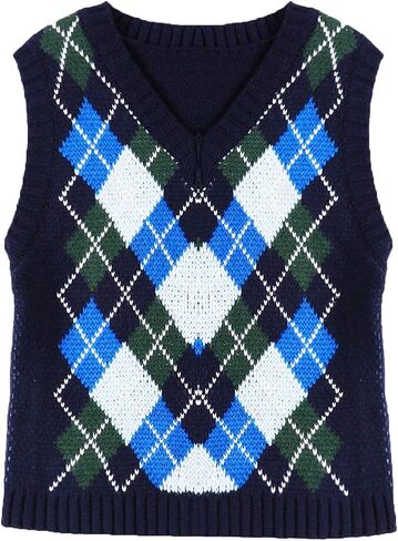سترة نسائية من TSSOE Y2K Argyle منقوشة محبوكة برقبة على شكل V 90s E-Girls Preppy نمط إنجلترا تريكو تانك القمم in Kuwait