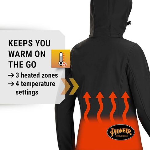 Pioneer Women’s Heated Softshell Jacket – For Winter and Cold Weather – Water Resistant - Detachable Hood and Pockets - Black in Saudi Arabia