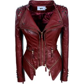SX Women's Fashion Studded Perfectly Shaping Faux Leather Biker Jacket in Kuwait