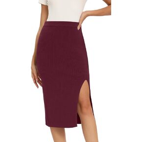 Yincro Women High Waist Slit Hem Rib Knit Bodycon Midi Skirts