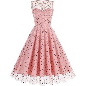 IBTOM CASTLE Women's 1950s Vintage Dress Short Sleeve Heart Print Mesh Retro Evening Prom Cocktail Party Swing A Line Dress in Kuwait