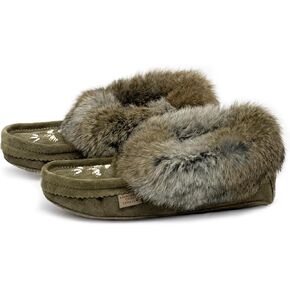 Moccasin Slippers for Women – Ladies Comfortable Slippers with Real Rabbit Fur Trim and Soft Faux Lining – Canada Quality Beaded Style Warmie Shoes for House Indoor in Kuwait