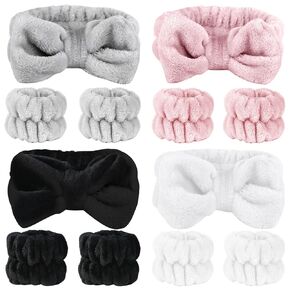 12 PCS Face Wash Headband Wristband Set for Women, Microfiber Spa Hair Wraps for Girls, Makeup Skincare Headbands Wrist Bands for Washing Face（Black, Gray, Light coffee, Beige） in Kuwait
