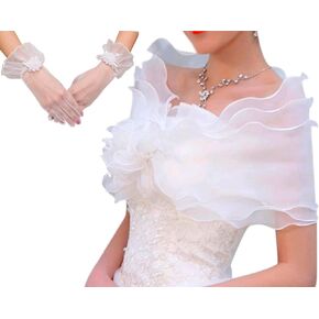 شال ابيض انيق متعدد الطبقات بتصميم زهور لحفلات الزفاف والكتف، رداء شيفون لحفلات الزفاف والسهرة مع قفازات مكشكشة من الدانتيل، قفازات قصيرة لحفلات الشاي، الطول: حوالي 11.81 انش/ 30 سم in Kuwait