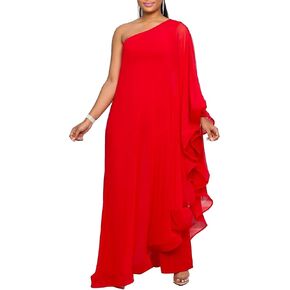 Lyaheima Sexy Jumpsuits for Women One Shoulder Ruffle Patchwork Elastic Wide Leg Long Pants Elegant Jumpsuit Rompers in Kuwait