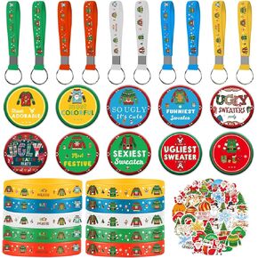 سترة Yizeda القبيحة لحفلات عيد الميلاد، مجموعة لوازم حفلات عيد الميلاد القبيحة تتضمن 10 أساور، 10 سلسلة مفاتيح، 10 دبابيس أزرار، 50 ملصقًا لديكورات حفلات عيد الميلاد القبيحة in Kuwait