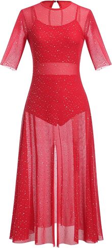 Lyrical Dance Dress for Women Shiny Sequins Mesh Dress Sleeveless Crop Top Dance Leotard Short Adult Dance Costume in Saudi Arabia