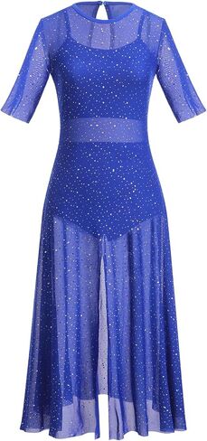 Lyrical Dance Dress for Women Shiny Sequins Mesh Dress Sleeveless Crop Top Dance Leotard Short Adult Dance Costume in Saudi Arabia