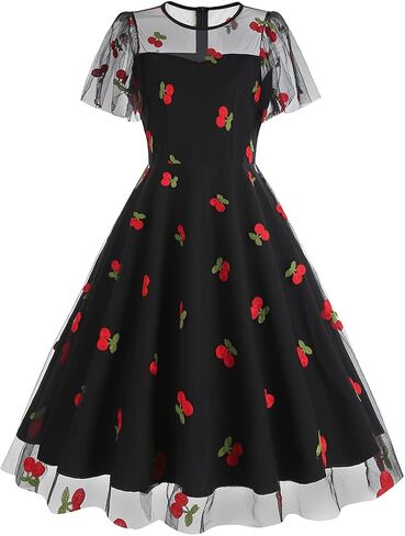 IBTOM CASTLE Women's 1950s Vintage Dress Short Sleeve Heart Print Mesh Retro Evening Prom Cocktail Party Swing A Line Dress in Saudi Arabia