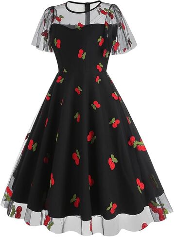IBTOM CASTLE Women's 1950s Vintage Dress Short Sleeve Heart Print Mesh Retro Evening Prom Cocktail Party Swing A Line Dress in Saudi Arabia