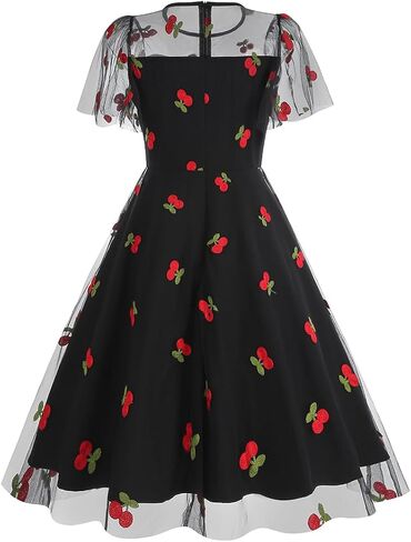 IBTOM CASTLE Women's 1950s Vintage Dress Short Sleeve Heart Print Mesh Retro Evening Prom Cocktail Party Swing A Line Dress in Saudi Arabia