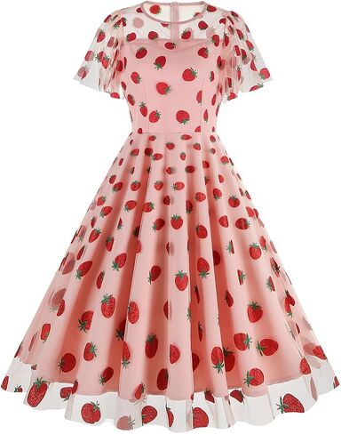 IBTOM CASTLE Women's 1950s Vintage Dress Short Sleeve Heart Print Mesh Retro Evening Prom Cocktail Party Swing A Line Dress in Saudi Arabia