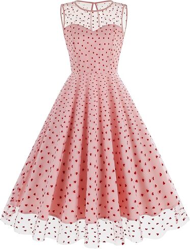 IBTOM CASTLE Women's 1950s Vintage Dress Short Sleeve Heart Print Mesh Retro Evening Prom Cocktail Party Swing A Line Dress in Kuwait