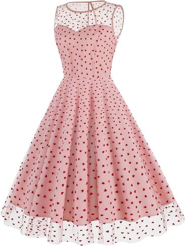 IBTOM CASTLE Women's 1950s Vintage Dress Short Sleeve Heart Print Mesh Retro Evening Prom Cocktail Party Swing A Line Dress in Kuwait