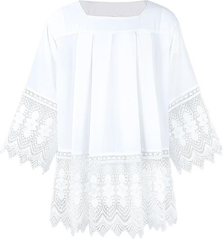 قميص علوي بأكمام قصيرة من الدانتيل الطقسي ذو ثنيات كاثوليكية من قماش القس الأبيض in Kuwait