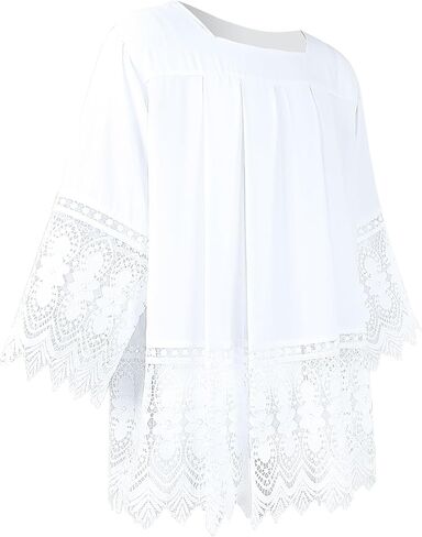 قميص علوي بأكمام قصيرة من الدانتيل الطقسي ذو ثنيات كاثوليكية من قماش القس الأبيض in Kuwait