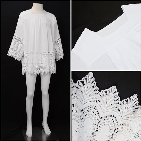 قميص علوي بأكمام قصيرة من الدانتيل الطقسي ذو ثنيات كاثوليكية من قماش القس الأبيض in Kuwait