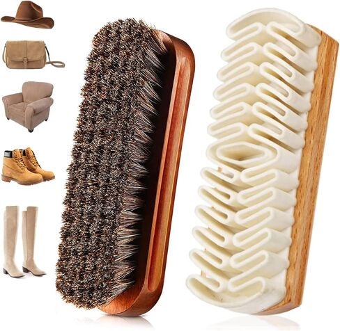 Horsehair Shoe Brush & Suede Shoe Brush,Soft Bristles Shoe Polish Brush Shoe Cleaning Brushes for Polishing,Portable Horse Hair Shine Brush for Leather Boots Handbags Coats Pans Sofa Furniture(2 PCS) in Saudi Arabia