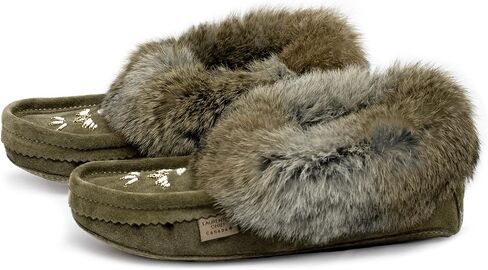 Moccasin Slippers for Women – Ladies Comfortable Slippers with Real Rabbit Fur Trim and Soft Faux Lining – Canada Quality Beaded Style Warmie Shoes for House Indoor in Saudi Arabia