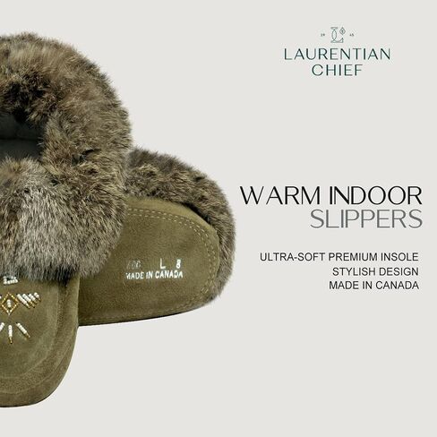 Moccasin Slippers for Women – Ladies Comfortable Slippers with Real Rabbit Fur Trim and Soft Faux Lining – Canada Quality Beaded Style Warmie Shoes for House Indoor in Saudi Arabia