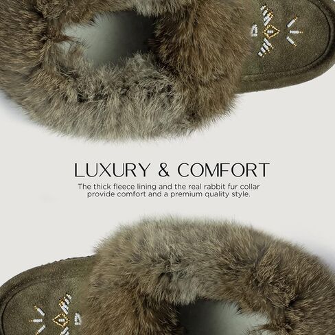 Moccasin Slippers for Women – Ladies Comfortable Slippers with Real Rabbit Fur Trim and Soft Faux Lining – Canada Quality Beaded Style Warmie Shoes for House Indoor in Saudi Arabia