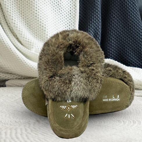 Moccasin Slippers for Women – Ladies Comfortable Slippers with Real Rabbit Fur Trim and Soft Faux Lining – Canada Quality Beaded Style Warmie Shoes for House Indoor in Saudi Arabia