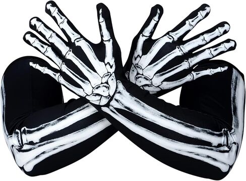 Amosfun 1 Pair Skeleton Gloves Halloween Long Arm Full Finger Cosplay Gloves Skull Bone Pattern Black Gloves Halloween Zombie Party Costume Accessory Unisex in Saudi Arabia