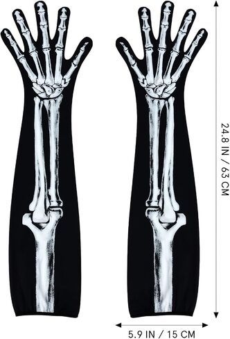 Amosfun 1 Pair Skeleton Gloves Halloween Long Arm Full Finger Cosplay Gloves Skull Bone Pattern Black Gloves Halloween Zombie Party Costume Accessory Unisex in Saudi Arabia