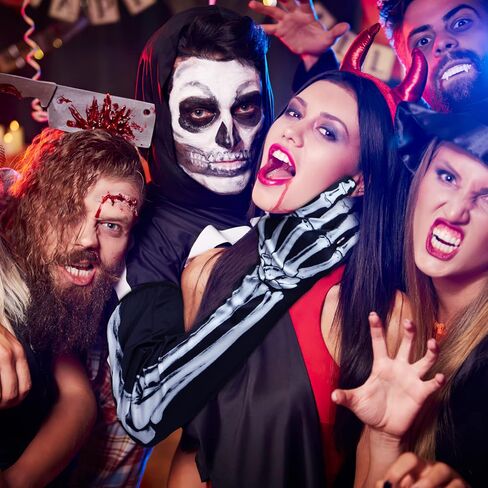 Amosfun 1 Pair Skeleton Gloves Halloween Long Arm Full Finger Cosplay Gloves Skull Bone Pattern Black Gloves Halloween Zombie Party Costume Accessory Unisex in Saudi Arabia