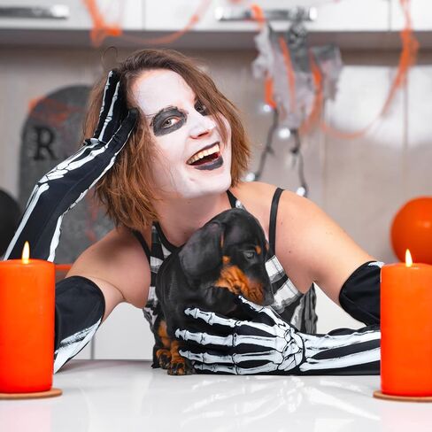 Amosfun 1 Pair Skeleton Gloves Halloween Long Arm Full Finger Cosplay Gloves Skull Bone Pattern Black Gloves Halloween Zombie Party Costume Accessory Unisex in Saudi Arabia