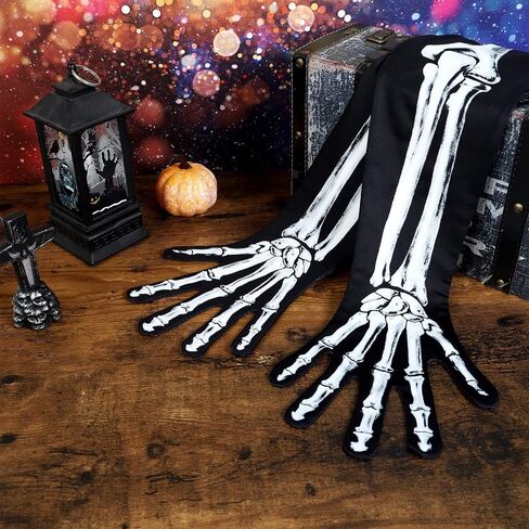 Amosfun 1 Pair Skeleton Gloves Halloween Long Arm Full Finger Cosplay Gloves Skull Bone Pattern Black Gloves Halloween Zombie Party Costume Accessory Unisex in Saudi Arabia