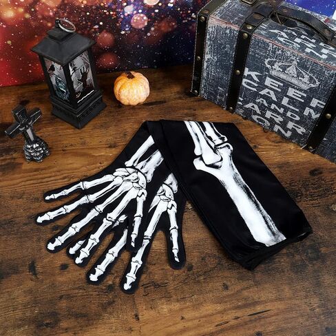 Amosfun 1 Pair Skeleton Gloves Halloween Long Arm Full Finger Cosplay Gloves Skull Bone Pattern Black Gloves Halloween Zombie Party Costume Accessory Unisex in Saudi Arabia
