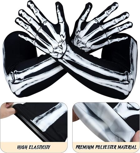 Amosfun 1 Pair Skeleton Gloves Halloween Long Arm Full Finger Cosplay Gloves Skull Bone Pattern Black Gloves Halloween Zombie Party Costume Accessory Unisex in Saudi Arabia