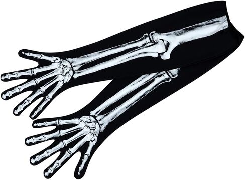 Amosfun 1 Pair Skeleton Gloves Halloween Long Arm Full Finger Cosplay Gloves Skull Bone Pattern Black Gloves Halloween Zombie Party Costume Accessory Unisex in Saudi Arabia