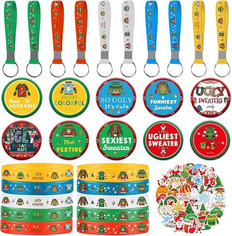 سترة Yizeda القبيحة لحفلات عيد الميلاد، مجموعة لوازم حفلات عيد الميلاد القبيحة تتضمن 10 أساور، 10 سلسلة مفاتيح، 10 دبابيس أزرار، 50 ملصقًا لديكورات حفلات عيد الميلاد القبيحة in Kuwait