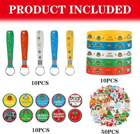 سترة Yizeda القبيحة لحفلات عيد الميلاد، مجموعة لوازم حفلات عيد الميلاد القبيحة تتضمن 10 أساور، 10 سلسلة مفاتيح، 10 دبابيس أزرار، 50 ملصقًا لديكورات حفلات عيد الميلاد القبيحة in Kuwait