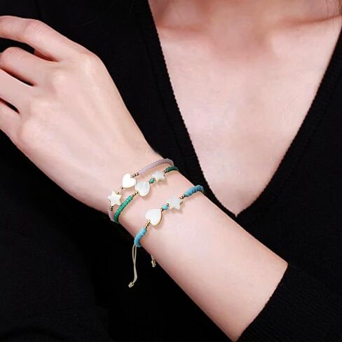 Agriajun Handmade Stone Beaded Love Heart Star Strand Bracelets for Women Girls, Cute Adjustable String Braided Boho Gold Beads Friendship Bracelets Holiday Prom Jewelry Gift in Kuwait
