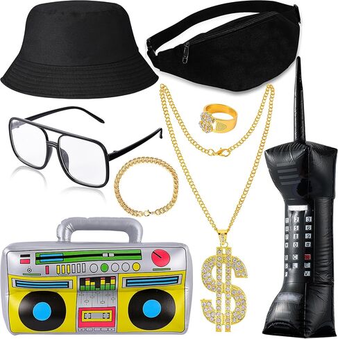 مجموعة أزياء الهيب هوب المكونة من 8 قطع من YAROMO، إكسسوارات مغني الراب في الثمانينيات والتسعينيات من القرن الماضي أزياء الهيب هوب الفاخرة أزياء التسعينيات لحفلات الهيب هوب في الثمانينيات وأعياد الميلاد in Kuwait