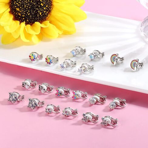 FUNRUN JEWELRY 10 أزواج لطيفة بمشبك على الأقراط للنساء والفتيات لا تسبب الحساسية على شكل قلب ونجمة فراشة وزهرة السلحفاة تشيكوسلوفاكيا أقراط مسمارية متعددة الألوان غير مثقوبة in Kuwait