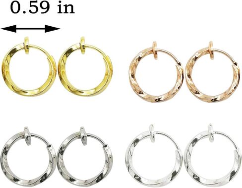 LAXPICOL Twisted Clip On Earrings 4PCS Different Color Gold Silver Black Rose 0.51IN/0.59IN/0.70IN/0.78IN Stainless Hoop Earrings Clip On Earrings for Women Girls No Piercing in Saudi Arabia
